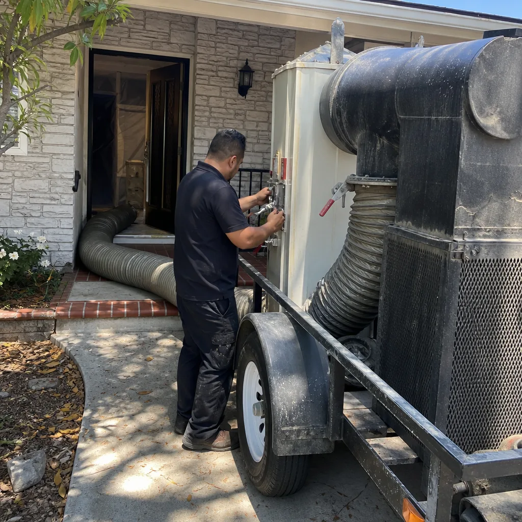 Technician operating professional air duct cleaning equipment outside a residential home