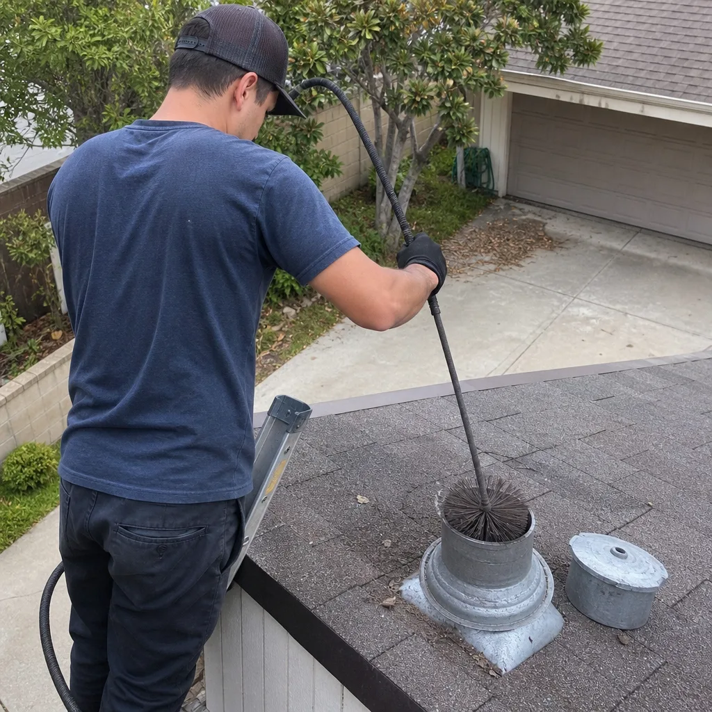Technician performing professional dryer vent cleaning from a residential roof