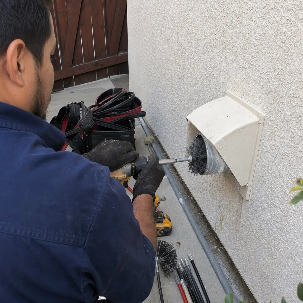 Technician using a rotating brush tool to clean a dryer vent