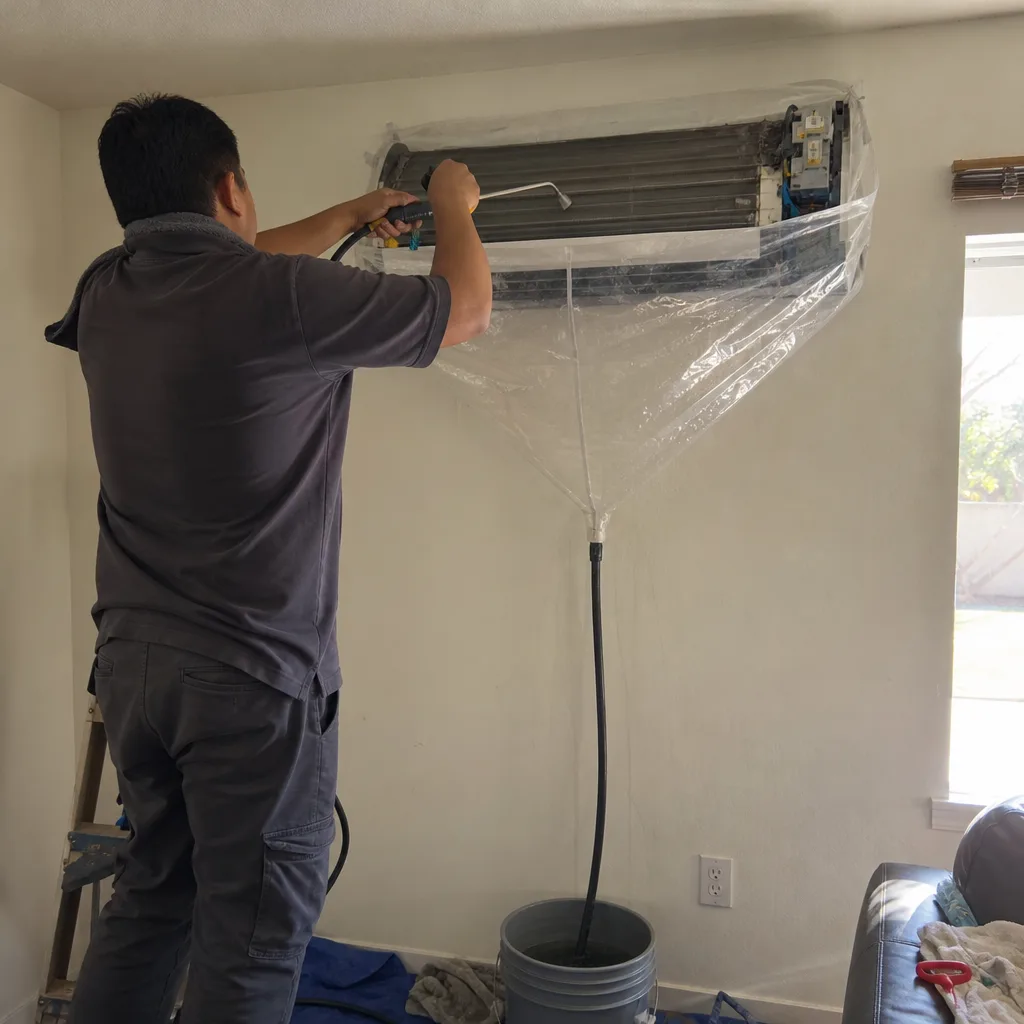 Technician performing professional residential HVAC system cleaning