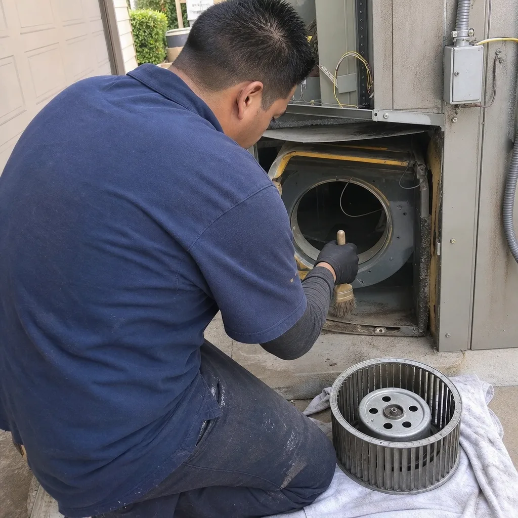 HVAC technician performing a professional air duct and blower cleaning service